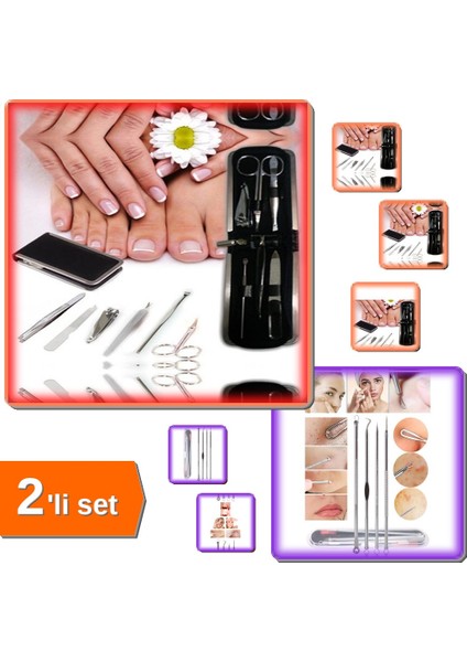 Deri Çantalı 6 Parça Manikür Seti + 4 Parça Paslanmaz Komedon Akne Temizleyici - 2li Set Eprhz1