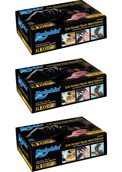 Çok Amaçlı Siyah Nitril Eldiven (XL) 100lü Paket 3 Adet (Gıdaya Uygun)
