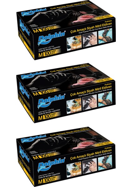 Çok Amaçlı Siyah Nitril Eldiven (M) 100lü Paket 3 Adet