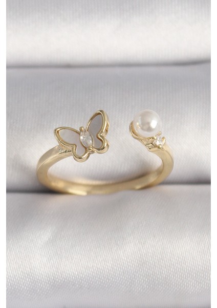 Pirinç Gold Renk Zirkon Taş Detaylı Beyaz Mineli Kelebek Model İnci Detay Ayarlanabilir Yüzük - TJ-BYK3523 fiyatları