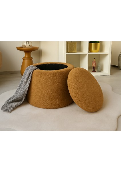pufko dekoratif - camel renkli - sandıklı - yuvarlak puf - çok amaçlı kullanım - modern bench