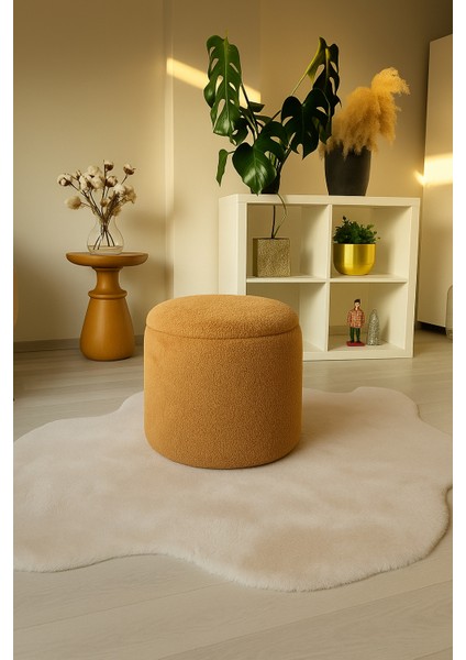 pufko dekoratif - camel renkli - sandıklı - yuvarlak puf - çok amaçlı kullanım - modern bench fiyatları