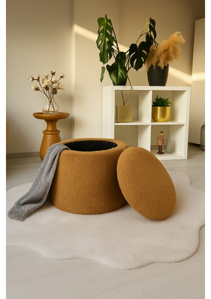 pufko dekoratif - camel renkli - sandıklı - yuvarlak puf - çok amaçlı kullanım - modern bench modelleri