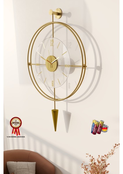 (Büyük Boy - 50*90 cm)- Şeffaf Camlı Laclock Konik Serisi Gold - Modern Dekoratif Metal Duvar Saati
