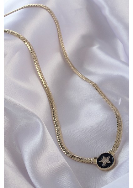 Pirinç Gold Renk Zirkon Taşlı Yıldız Model Siyah Mineli Ezme Zincirli Serenay Kolyesi - Lisinya fiyatları