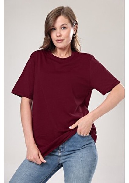 Kadın %100 Pamuk Bordo Oversize Boyfriend T-Shirt Kısa Kol Günlük Stil indirimleri