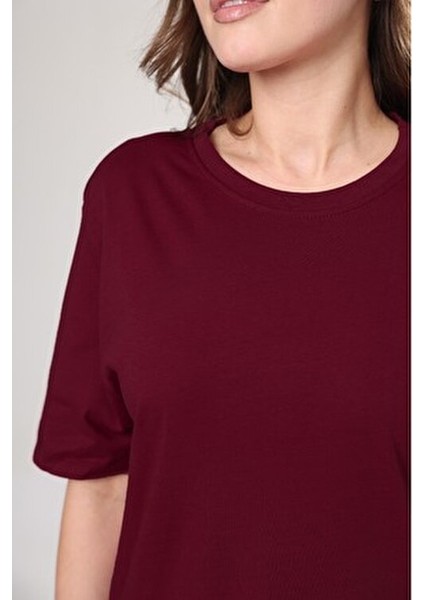 Kadın %100 Pamuk Bordo Oversize Boyfriend T-Shirt Kısa Kol Günlük Stil