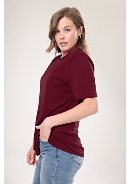 Kadın %100 Pamuk Bordo Oversize Boyfriend T-Shirt Kısa Kol Günlük Stil