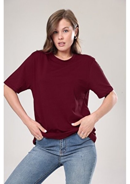 Kadın %100 Pamuk Bordo Oversize Boyfriend T-Shirt Kısa Kol Günlük Stil