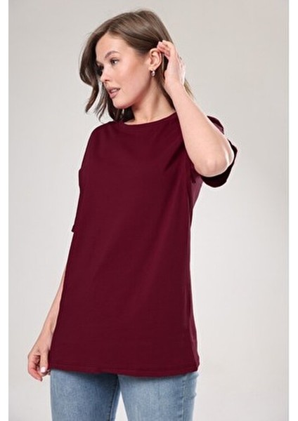 Kadın %100 Pamuk Bordo Oversize Boyfriend T-Shirt Kısa Kol Günlük Stil