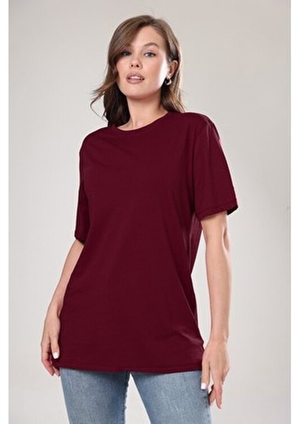Kadın %100 Pamuk Bordo Oversize Boyfriend T-Shirt Kısa Kol Günlük Stil