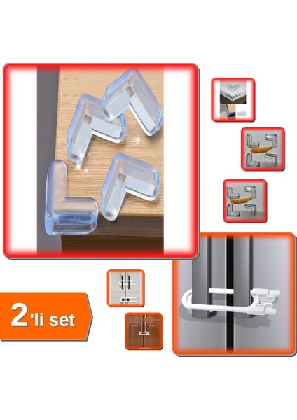Çekmece Sürgülü Kilit + 4 Adet Masa Sehpa Silikon Köşe Koruyucu - Çocuk Güvenliği 2li Set QH8PLS