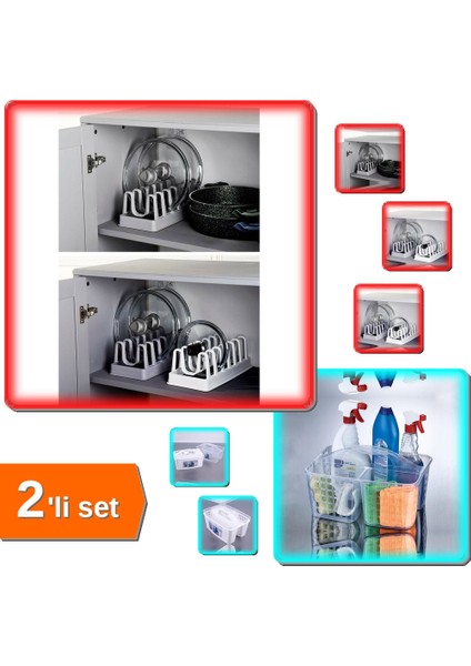 6 Bölmeli Tencere Kapağı Organizeri + Buzdolabı Düzenleyici Sepet Caddy - Pratik 2li Set T17045