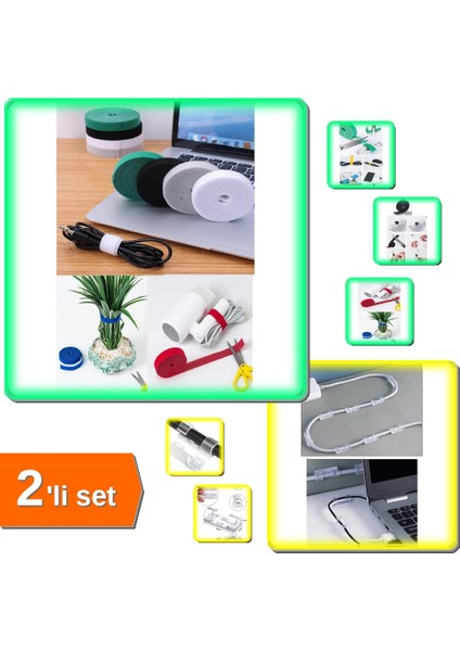 1cm x 5m Cırtlı Kesilebilir Kablo Tutucu + 20 Adet Kablo Sabitleyici Klipsler - 2li Set HWE8PZ