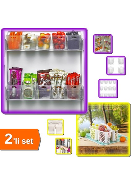 6 Adet Mini Buzdolabı Içi Organizer Kutu + Beyaz Buzdolabı Düzenleyici Sepet - 2li Set - C3D9E1