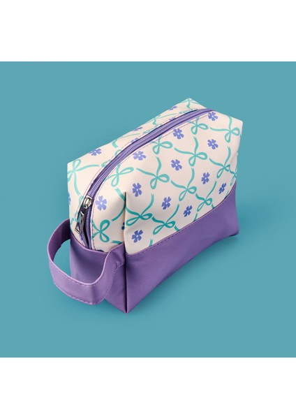 Kurdele Detaylı Kozmetik Çantası - Krem / Lila - 17X20 cm