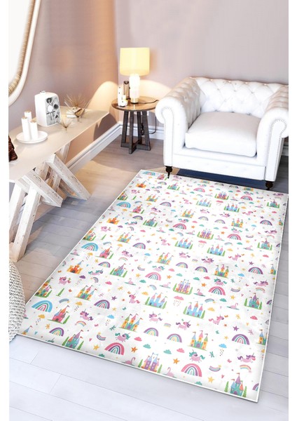 Hayal Şatosu Gökkuşağı Unicorn Bambu Çocuk Odası Halısı modelleri