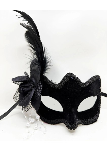 Siyah Renk Yandan Tüylü Beyaz Incili Süet Kaplama A Kalite Lüks Parti Maskesi 20X23 cm - Lisinya fiyatları