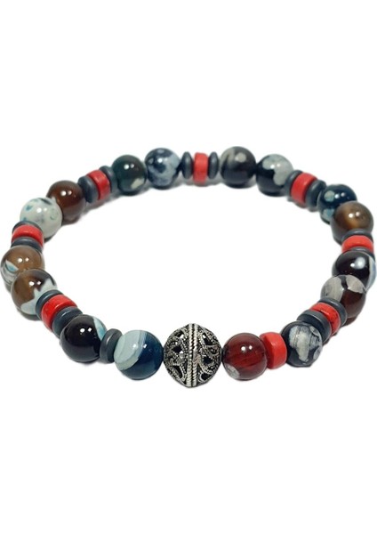 JTAW25BLK1628 Akik ve Hematit Doğaltaş Lacivert Kırmızı Garantili Hediye Kutulu Janti Bileklik