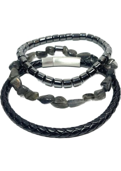 JTAW25BLK1640 Hakiki Deri Paslanmaz Çelik Kapama Labrodorit Doğaltaş ve Hematit Doğaltaş Siyah Gri Garantili Hediye Kutulu Janti Bileklik