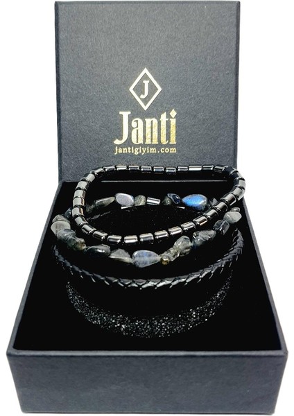 JTAW25BLK1640 Hakiki Deri Paslanmaz Çelik Kapama Labrodorit Doğaltaş ve Hematit Doğaltaş Siyah Gri Garantili Hediye Kutulu Janti Bileklik fiyatları