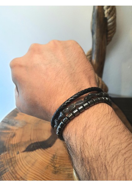 JTAW25BLK1640 Hakiki Deri Paslanmaz Çelik Kapama Labrodorit Doğaltaş ve Hematit Doğaltaş Siyah Gri Garantili Hediye Kutulu Janti Bileklik modelleri