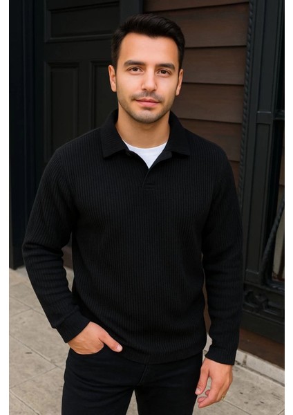 Erkek Fitilli Polar Sweatshirt – Düğmesiz Polo Yaka, Oversize Rahat Kalıp, Kalın Polar Kumaş, Kışlık ve Baharlık Şık Günlük Üst - Siyah