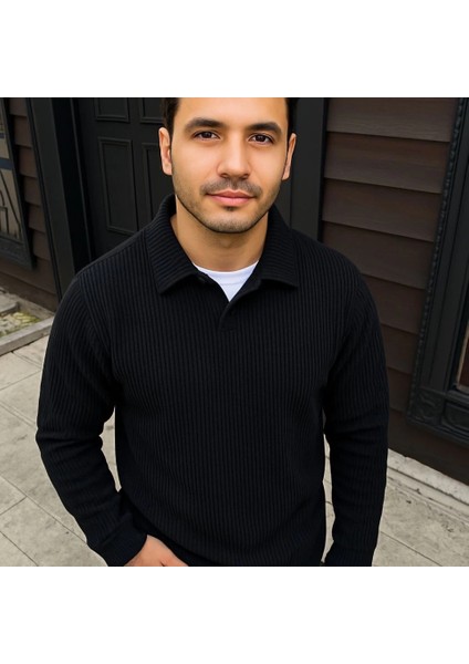 Erkek Fitilli Polar Sweatshirt – Düğmesiz Polo Yaka, Oversize Rahat Kalıp, Kalın Polar Kumaş, Kışlık ve Baharlık Şık Günlük Üst - Siyah modelleri