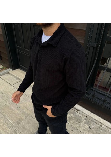 Erkek Fitilli Polar Sweatshirt – Düğmesiz Polo Yaka, Oversize Rahat Kalıp, Kalın Polar Kumaş, Kışlık ve Baharlık Şık Günlük Üst - Siyah fırsatları