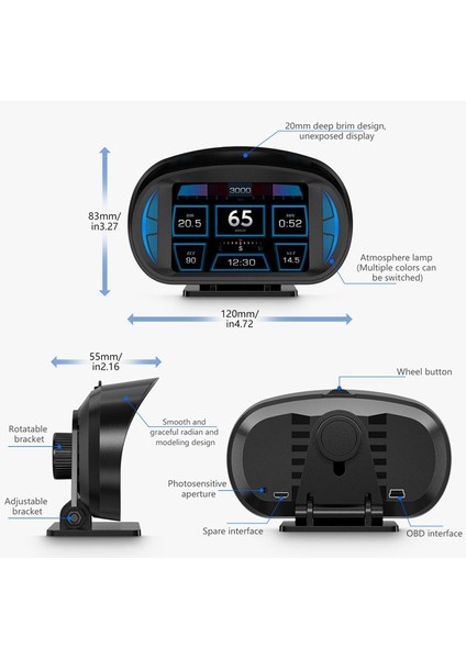P2 Araç Hud Başlık Ekranı Obd Gps Araç Hızı ve Gradyan Ölçer Su Sıcaklığı ve Yakıt Tüketimi (Yurt Dışından)