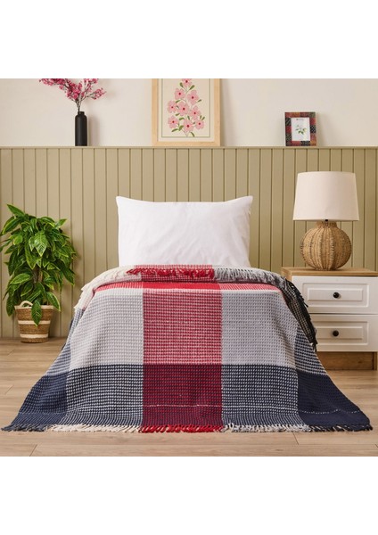 Soft Vintera Pamuklu Tek Kişilik Battaniye - Kırmızı / Lacivert - 150X200 cm