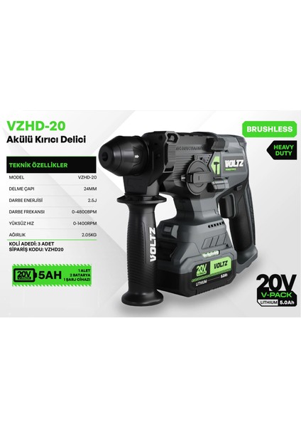 Vzdh-20 Akülü Kırıcı Delici - Kömürsüz - Ağır Hizmet - Sds Plus - LED Işık - Ayarlanabilir Hız modelleri