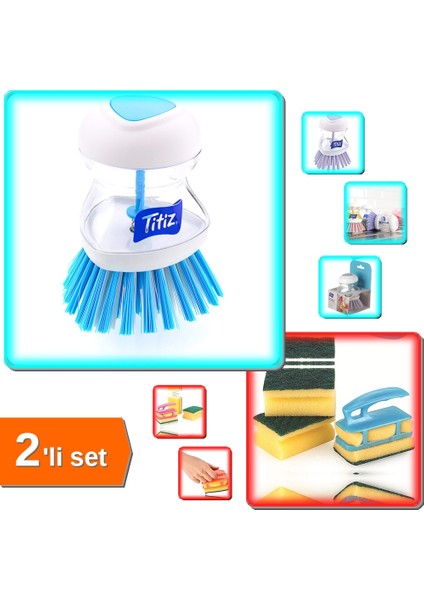 Deterjan Hazneli Bulaşık Fırçası + Süngermatik 3 Adet Bulaşık Süngeri Hediyeli - 2li Set BC1290