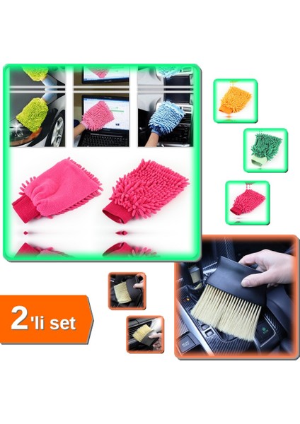 Mikrofiber Temizlik Eldiveni + Araç Detaylı Temizlik Fırçası - 2li Set ABC123