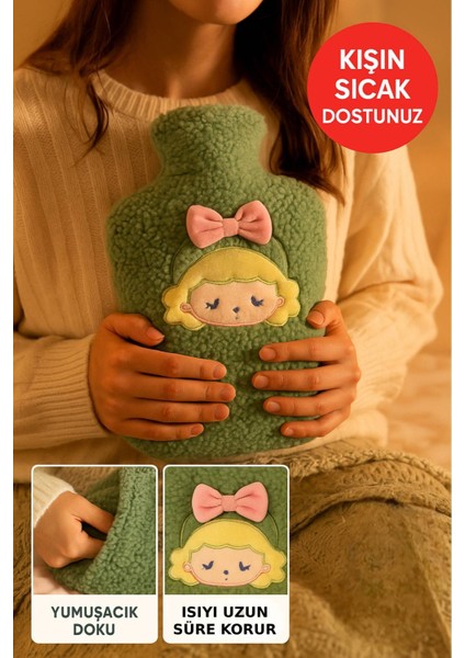Yeşil Peluş Sıcak Su Torbası – Yumuşak, Güvenli ve Şık Saçlı Kız Model, 1 Litre