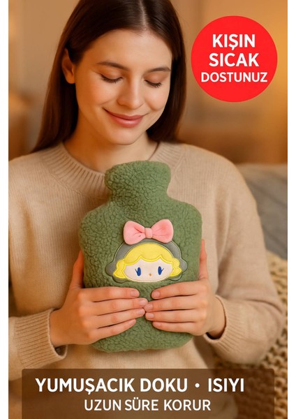 Yeşil Peluş Sıcak Su Torbası – Yumuşak, Güvenli ve Şık Saçlı Kız Model, 1 Litre modelleri