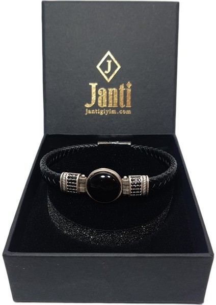 JTAW25BLK1611 Hakiki Deri Zirkon Taşlı Alaşımlı Metal Onyx Doğaltaşlı Mıknatıs Kapama Siyah Garantili Hediye Kutulu Janti Bileklik