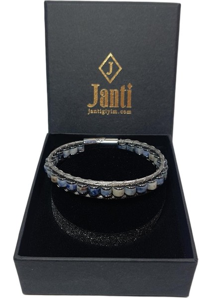 JTAW25BLK1612 Paslanmaz Çelik Sodalit ve Hematit Doğaltaş Mıknatıs Kapama Mavi-Gri Garantili Hediye Kutulu Janti Bileklik