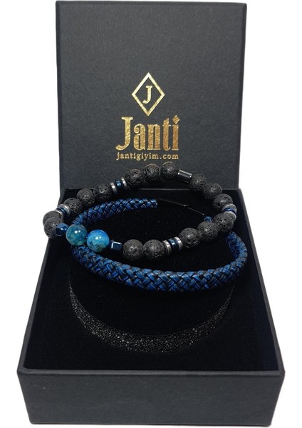 JTAW25BLK1616 Hakiki Deri Mıknatıs Kapama Akik - Lav ve Hematit Doğaltaş Siyah-Mavi Garantili Hediye Kutulu Janti Bileklik
