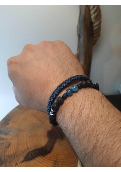 JTAW25BLK1616 Hakiki Deri Mıknatıs Kapama Akik - Lav ve Hematit Doğaltaş Siyah-Mavi Garantili Hediye Kutulu Janti Bileklik fiyatları