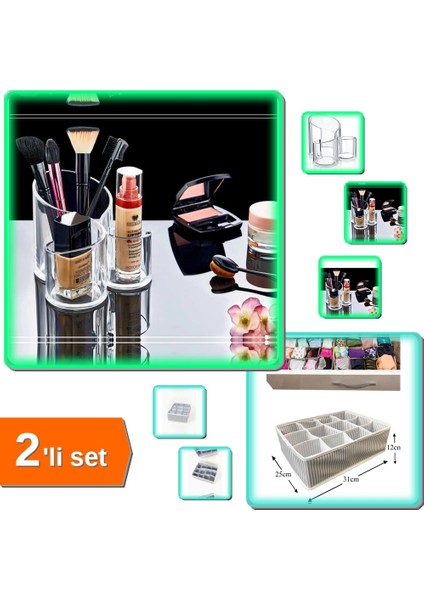 Şeffaf Makyaj Organizeri - 3 Gözlü + Pratik Çekmece Düzenleyici - 12 Bölmeli Tasarım - 2li Set S9KKA