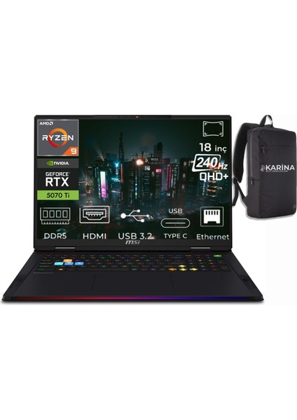 Msı Raider A18 Hx Ryzen 9 9955HX3D A9WHG-266TR-K16 48GB 2tb+2tb RTX5070TI W11HOME 18" 240Hz Wqxga Gaming Laptop & A9WHG266TRK16