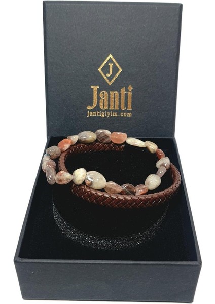 JTAW25BLK1618 Hakiki Deri Mıknatıs Kapama Güneş Taşı ve Hematit Doğaltaş A.kahve Garantili Hediye Kutulu Janti Bileklik