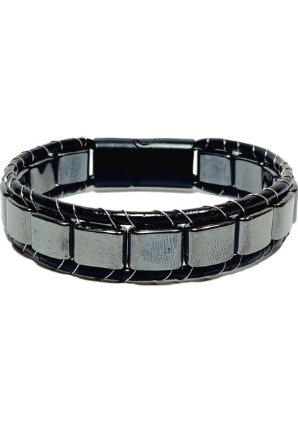 JTAW25BLK1634 Hakiki Deri Mıknatıs Kapama Paslanmaz Çelik Hematit Doğaltaş Siyah Gri Garantili Hediye Kutulu Janti Bileklik