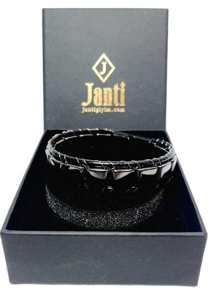 JTAW25BLK1634 Hakiki Deri Mıknatıs Kapama Paslanmaz Çelik Hematit Doğaltaş Siyah Gri Garantili Hediye Kutulu Janti Bileklik modelleri