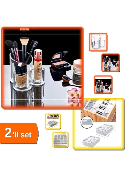 Makyaj Organizeri Şeffaf - 3 Gözlü + 12 Bölmeli Pratik Çekmece Düzenleyici - 2li Set 8K1USK