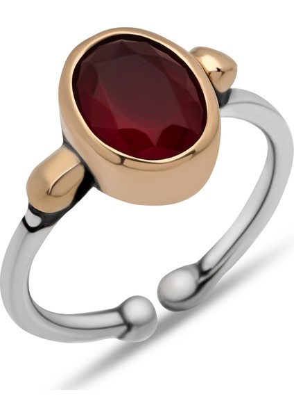 Gümüş Kırmızı Taşlı Ayarlanabilir Otantik Kadın Yüzük