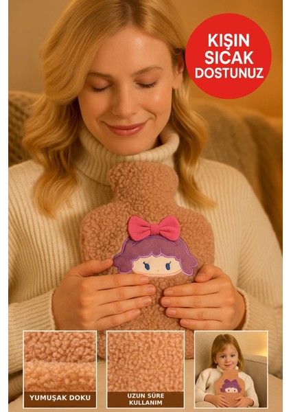 Kahverengi Peluş Sıcak Su Torbası – Yumuşak, Güvenli ve Şık Saçlı Kız Model, 1 Litre