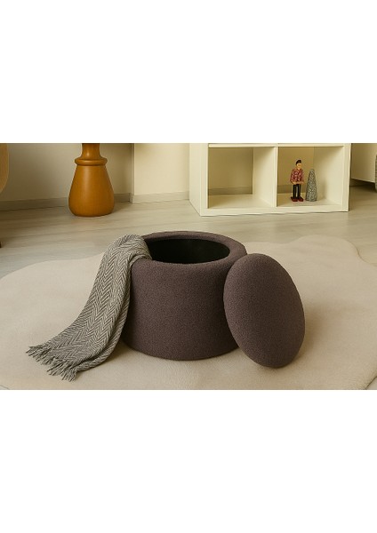 Pufo Dekoratif rahat ve konforlu puf - gri renkli - sandıklı - yuvarlak puf - çok amaçlı kullanım - modern bench