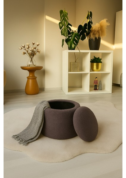 Pufo Dekoratif rahat ve konforlu puf - gri renkli - sandıklı - yuvarlak puf - çok amaçlı kullanım - modern bench modelleri